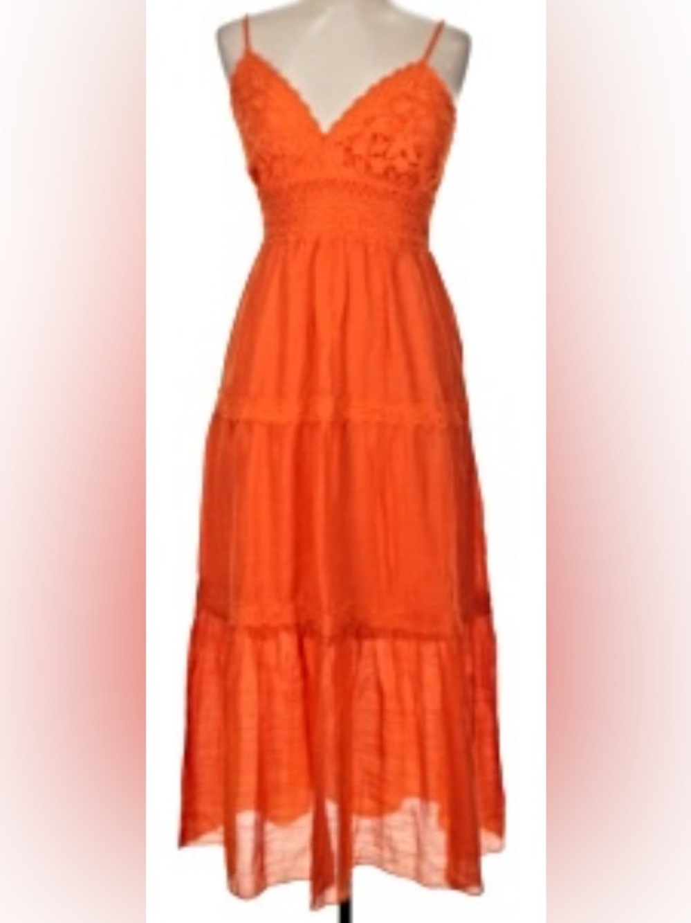 Rebellion Again Vibrant Orange Tiered Boho Maxi Dress w/ Lace